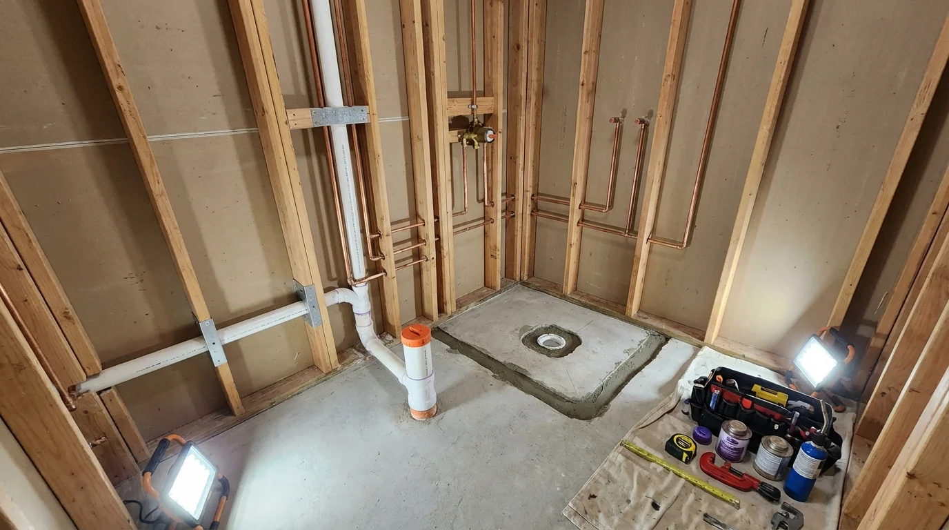Bathroom rough-in plumbing during remodel by Johns Plumbing LLC in Interlachen