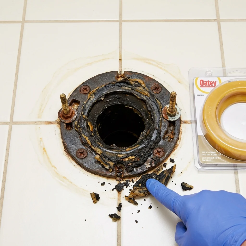 Failed wax ring showing water seepage at the base of a toilet in a Interlachen, FL home
